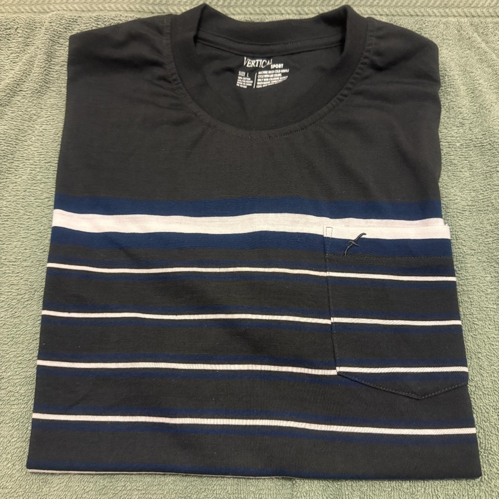 Vertical Sport Men's Black and Blue Striped Tee